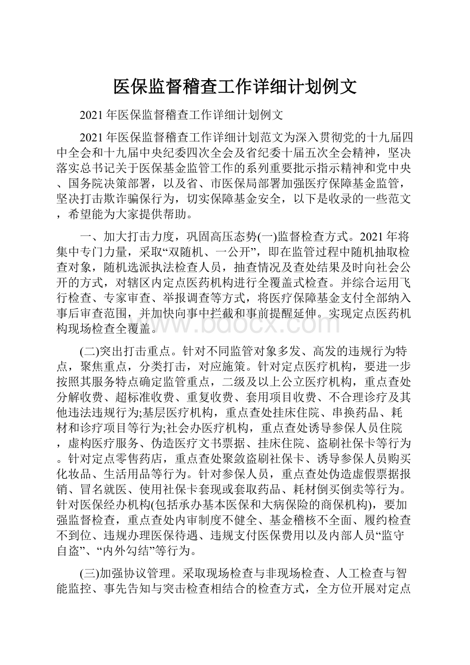 医保监督稽查工作详细计划例文.docx