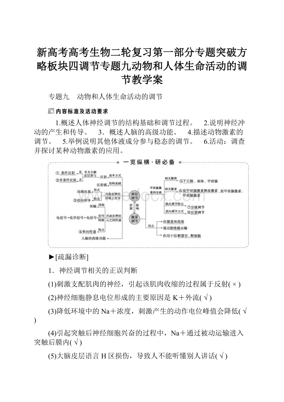 新高考高考生物二轮复习第一部分专题突破方略板块四调节专题九动物和人体生命活动的调节教学案.docx_第1页