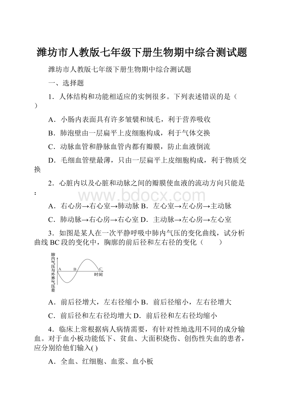 潍坊市人教版七年级下册生物期中综合测试题.docx