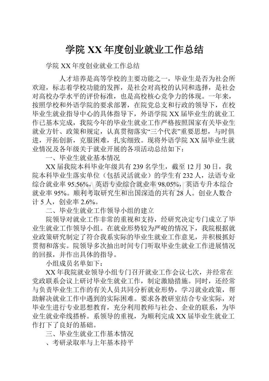 学院XX年度创业就业工作总结.docx