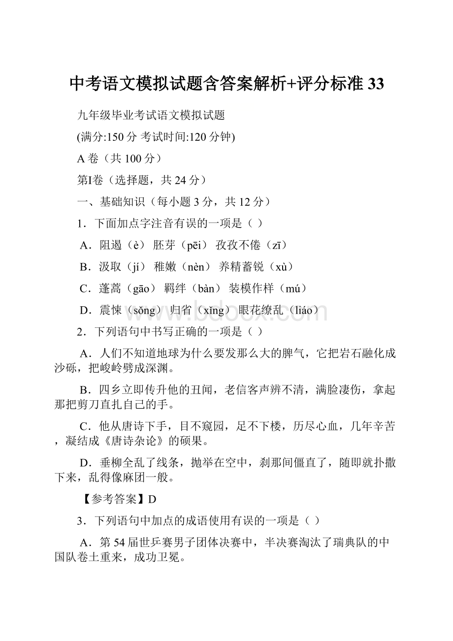 中考语文模拟试题含答案解析+评分标准33.docx