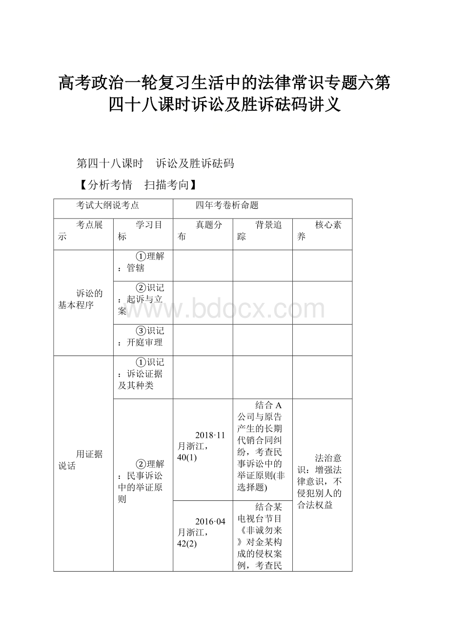 高考政治一轮复习生活中的法律常识专题六第四十八课时诉讼及胜诉砝码讲义.docx