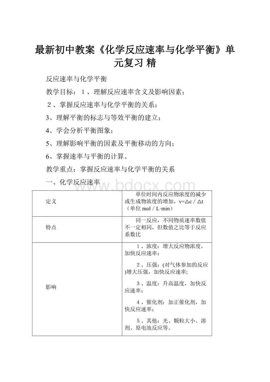 最新初中教案《化学反应速率与化学平衡》单元复习 精.docx