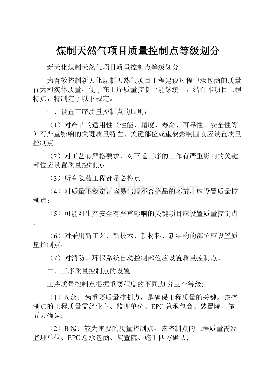 煤制天然气项目质量控制点等级划分.docx