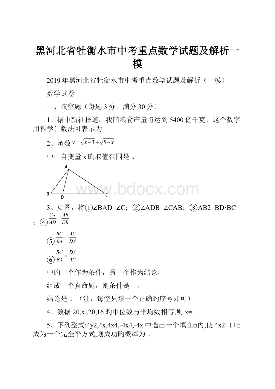 黑河北省牡衡水市中考重点数学试题及解析一模.docx