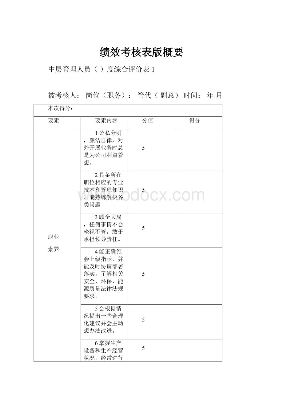 绩效考核表版概要.docx_第1页