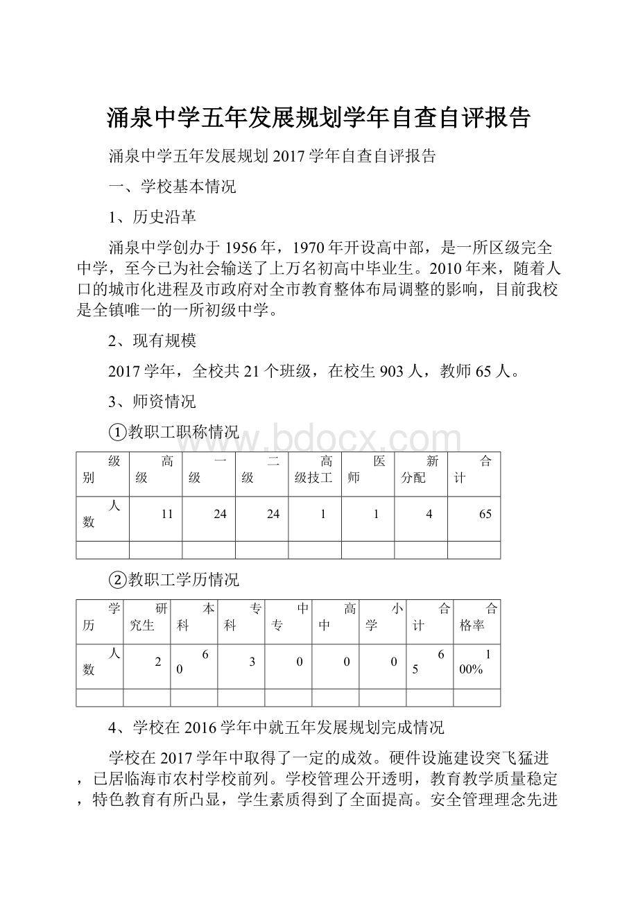 涌泉中学五年发展规划学年自查自评报告.docx