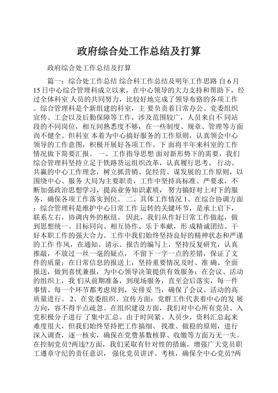 政府综合处工作总结及打算.docx