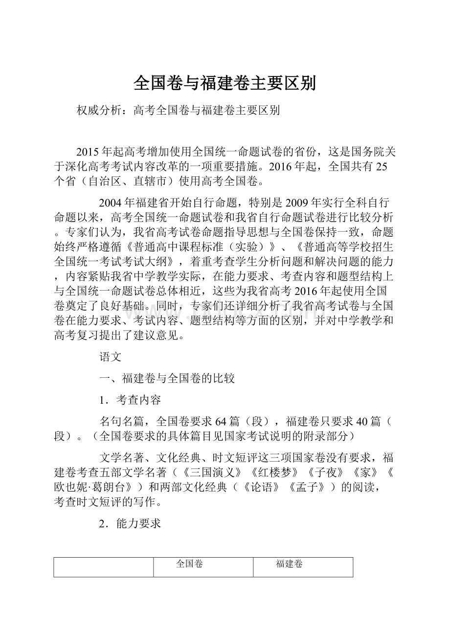 全国卷与福建卷主要区别.docx