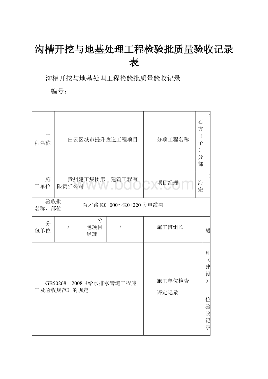 沟槽开挖与地基处理工程检验批质量验收记录表.docx_第1页