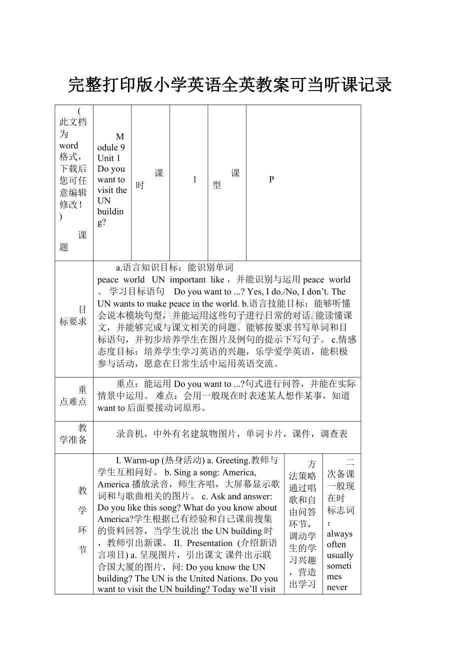 完整打印版小学英语全英教案可当听课记录.docx_第1页