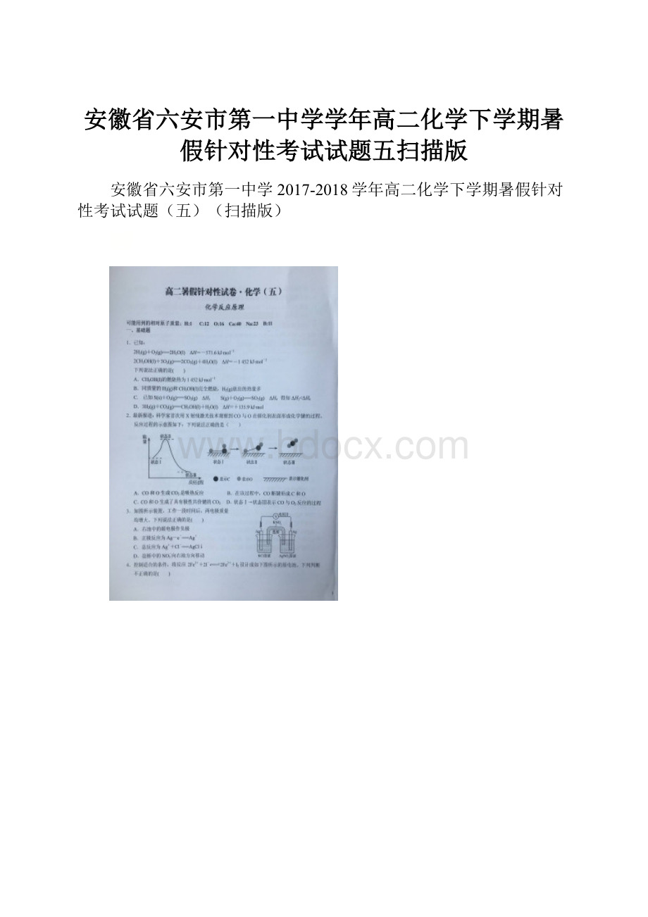 安徽省六安市第一中学学年高二化学下学期暑假针对性考试试题五扫描版.docx