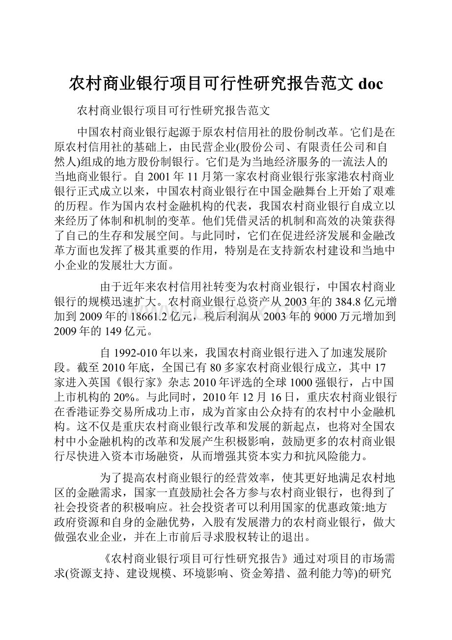 农村商业银行项目可行性研究报告范文doc.docx_第1页