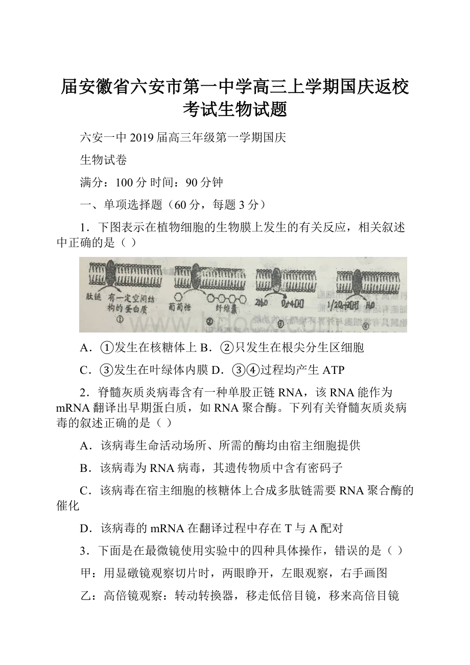 届安徽省六安市第一中学高三上学期国庆返校考试生物试题.docx