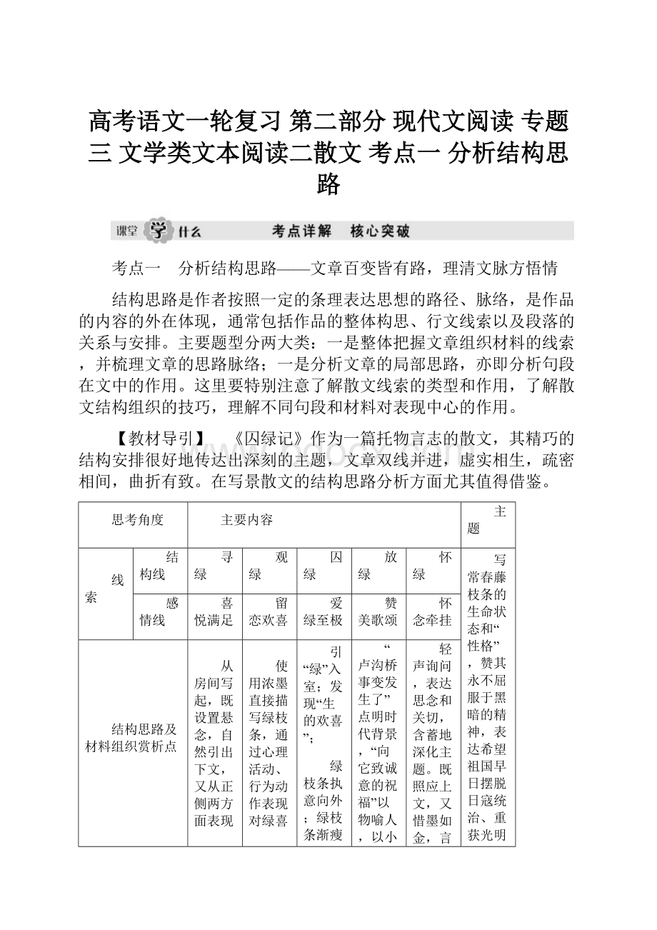 高考语文一轮复习 第二部分 现代文阅读 专题三 文学类文本阅读二散文 考点一 分析结构思路.docx