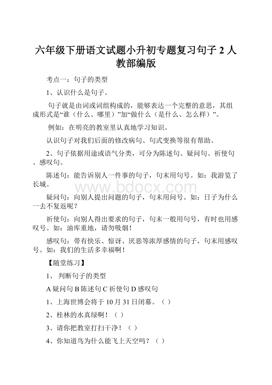 六年级下册语文试题小升初专题复习句子2 人教部编版.docx