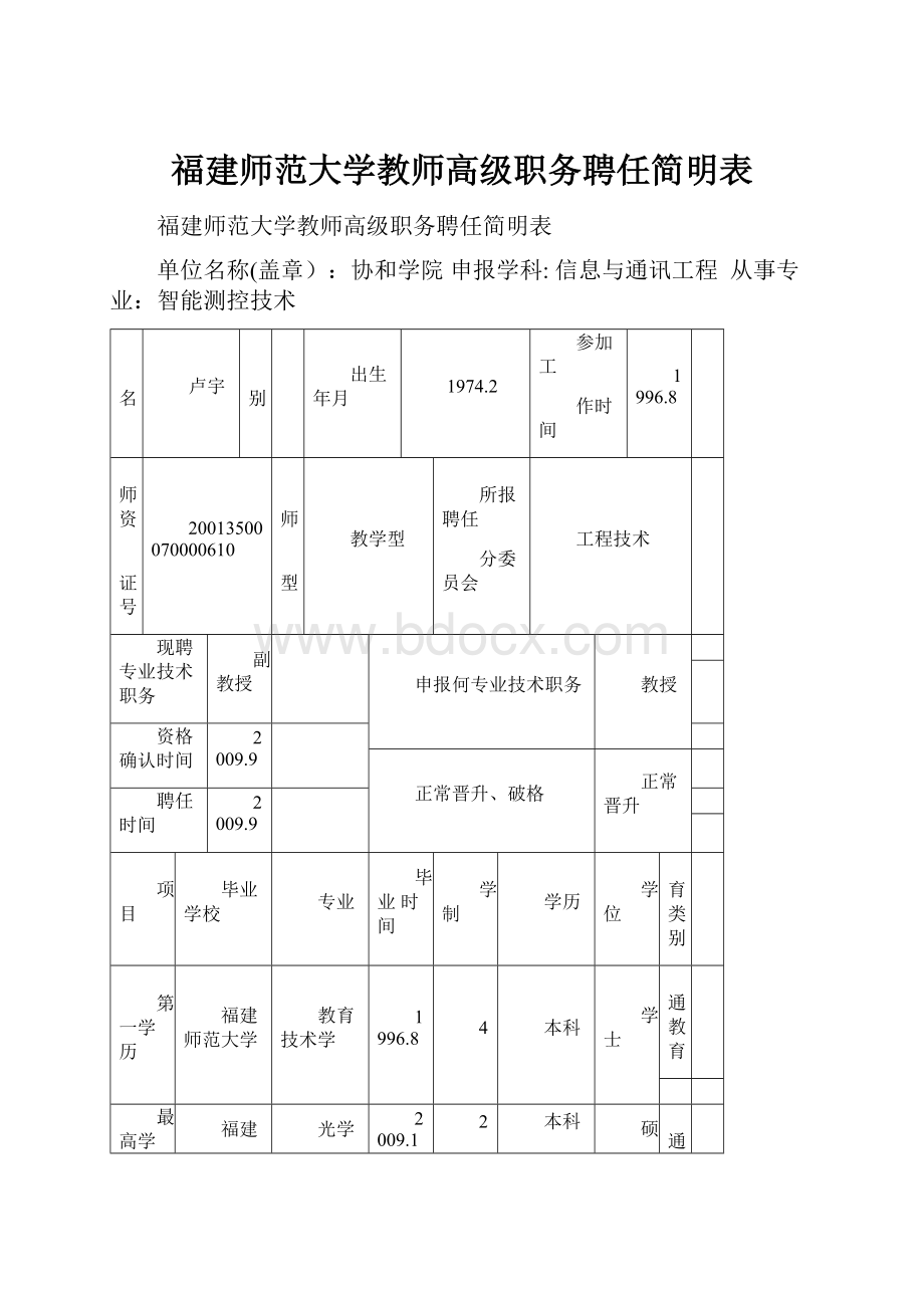 福建师范大学教师高级职务聘任简明表.docx