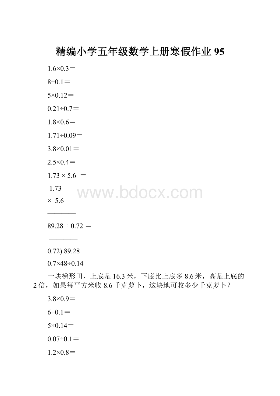 精编小学五年级数学上册寒假作业95.docx_第1页