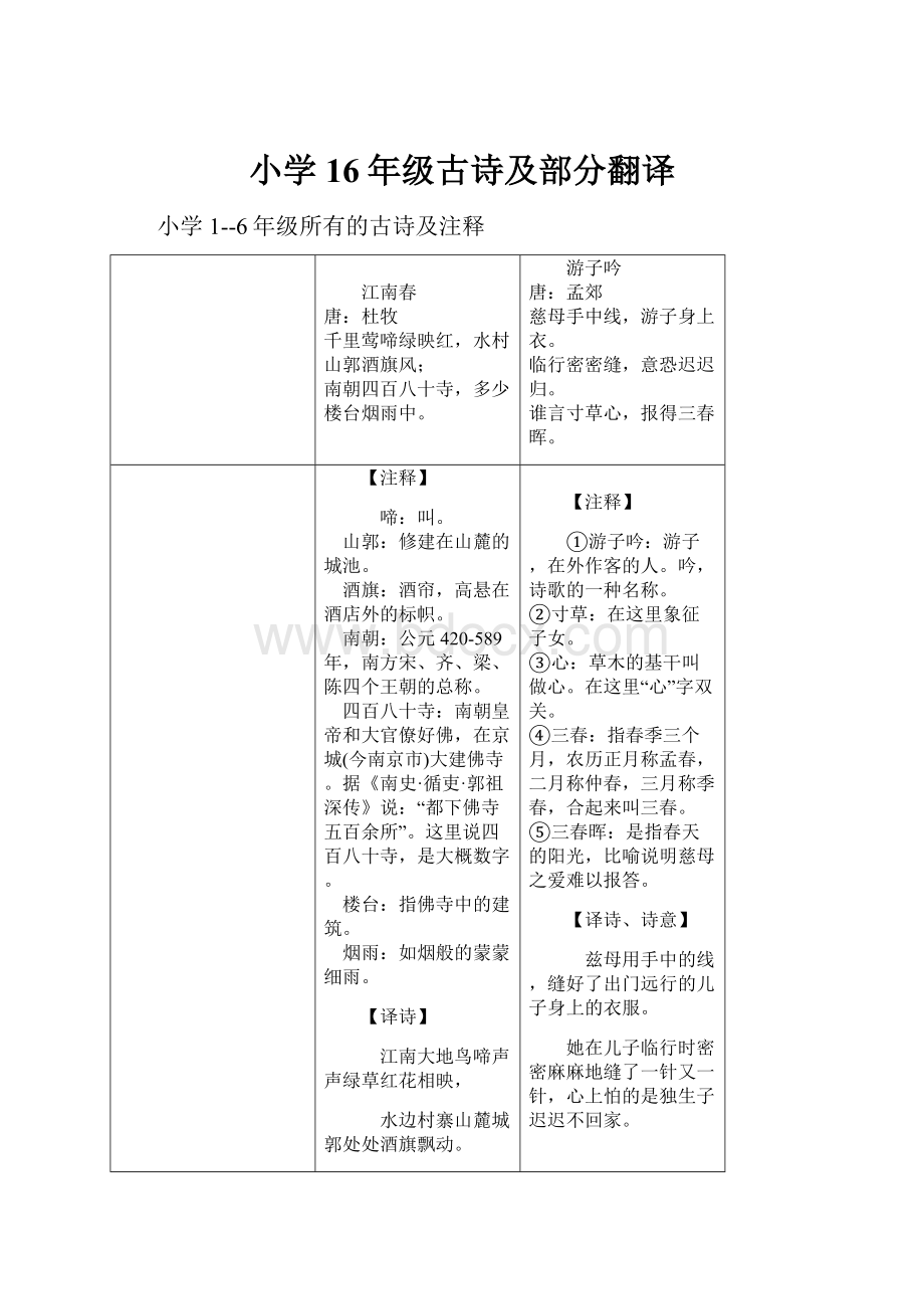 小学16年级古诗及部分翻译.docx