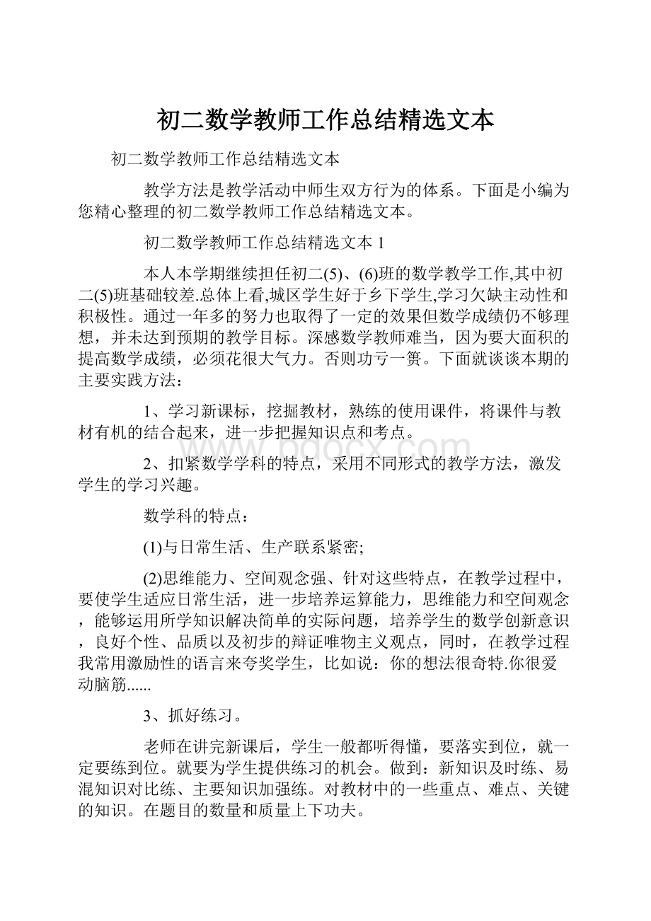 初二数学教师工作总结精选文本.docx_第1页