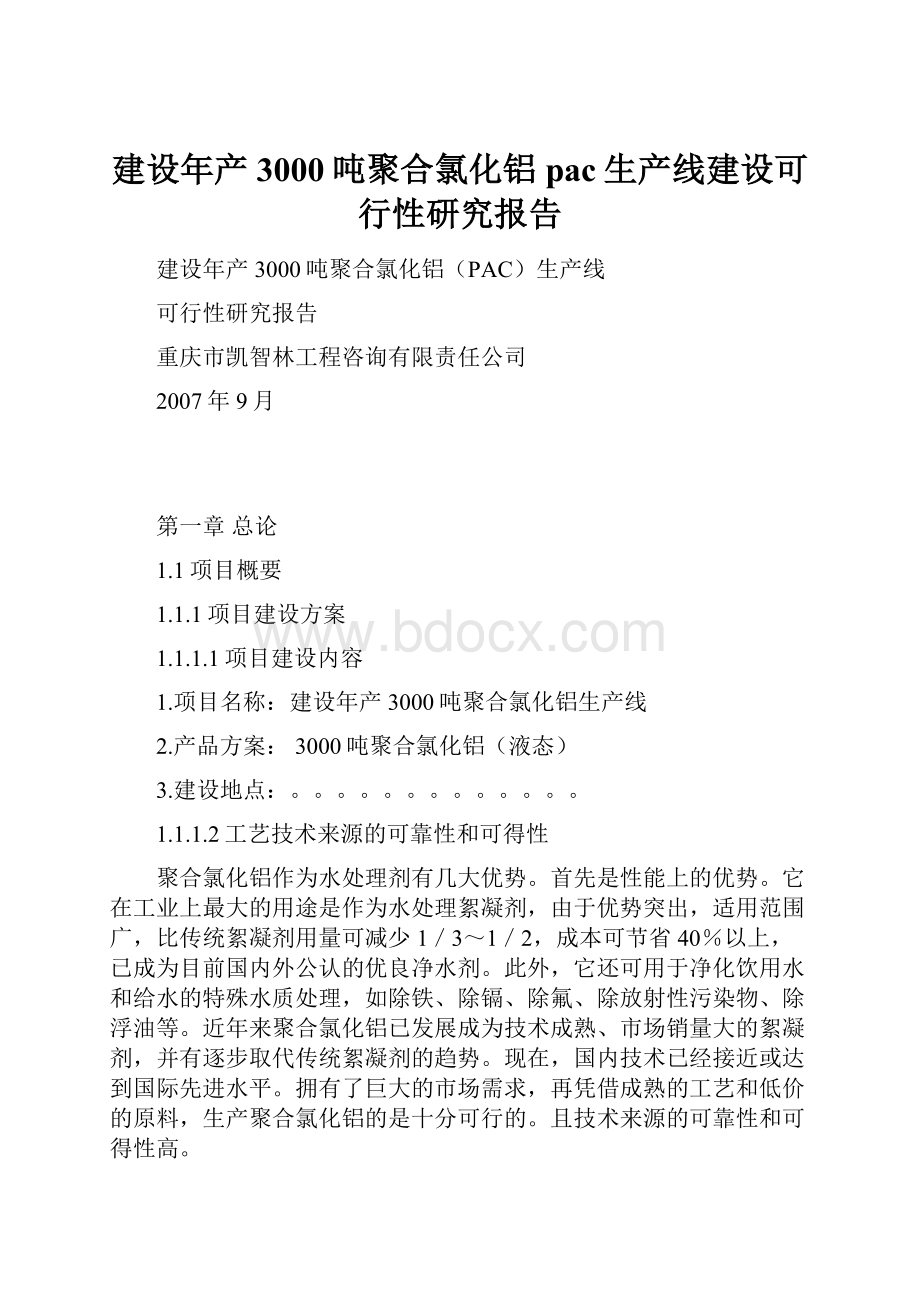 建设年产3000吨聚合氯化铝pac生产线建设可行性研究报告.docx