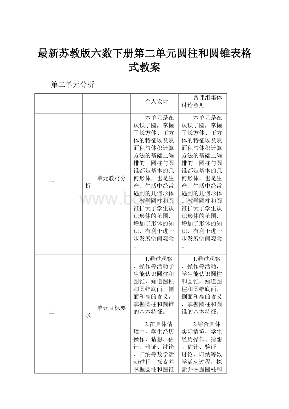 最新苏教版六数下册第二单元圆柱和圆锥表格式教案.docx