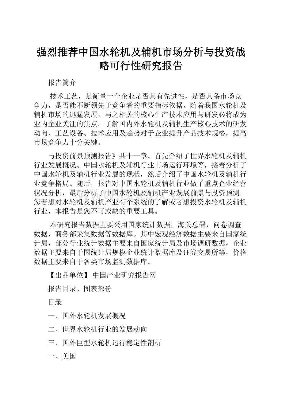 强烈推荐中国水轮机及辅机市场分析与投资战略可行性研究报告.docx