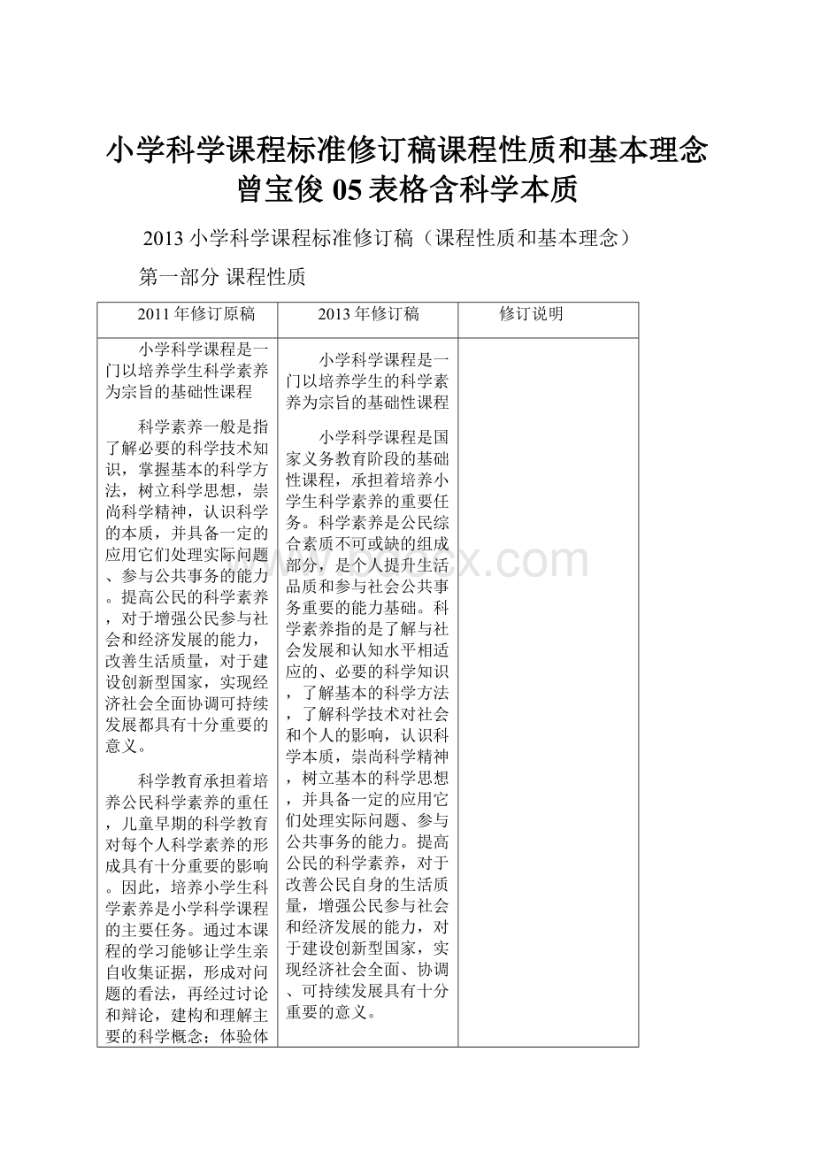 小学科学课程标准修订稿课程性质和基本理念曾宝俊05表格含科学本质.docx