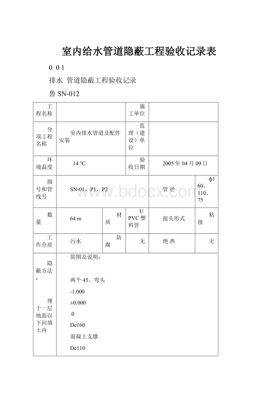 室内给水管道隐蔽工程验收记录表.docx