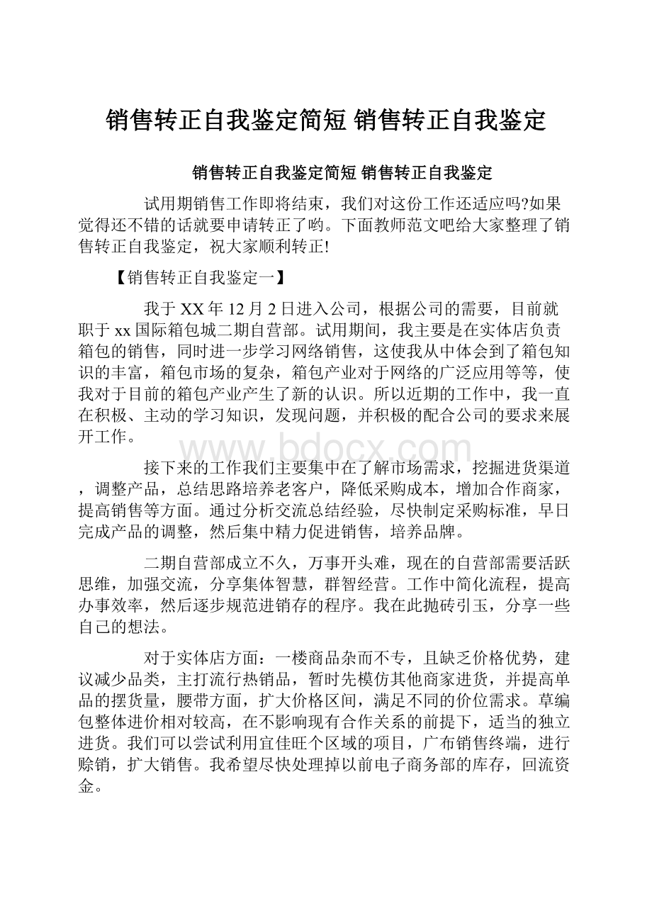 销售转正自我鉴定简短 销售转正自我鉴定.docx