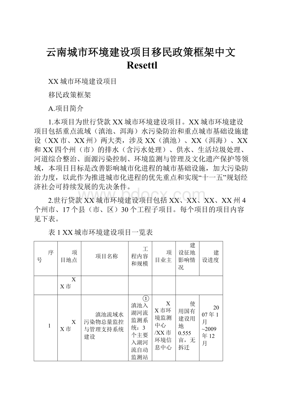 云南城市环境建设项目移民政策框架中文Resettl.docx