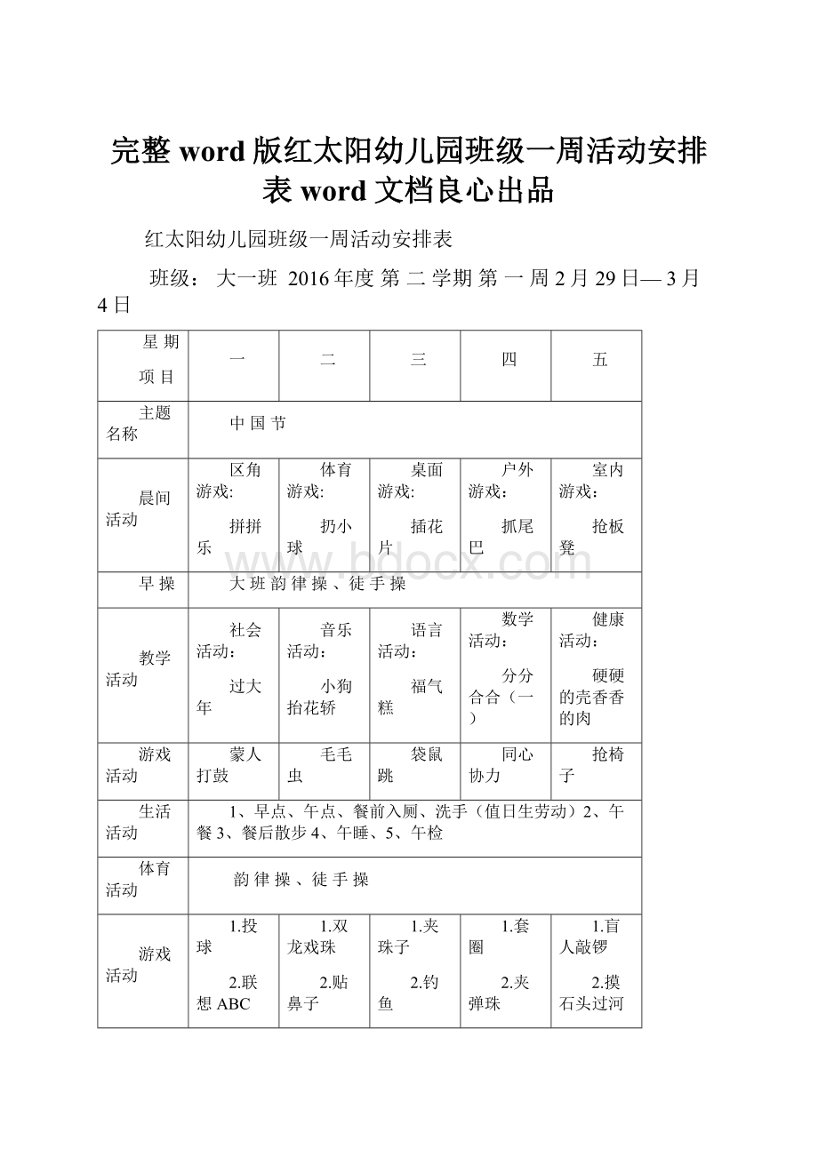 完整word版红太阳幼儿园班级一周活动安排表word文档良心出品.docx