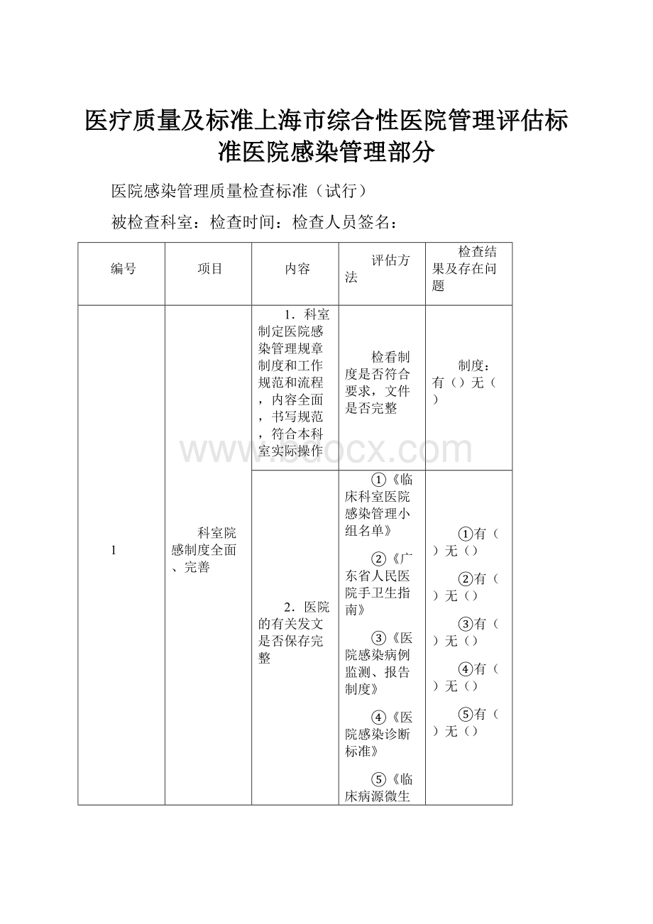 医疗质量及标准上海市综合性医院管理评估标准医院感染管理部分.docx