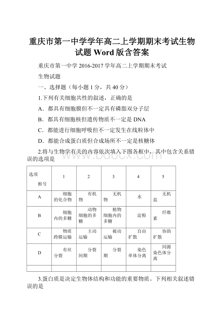 重庆市第一中学学年高二上学期期末考试生物试题Word版含答案.docx_第1页