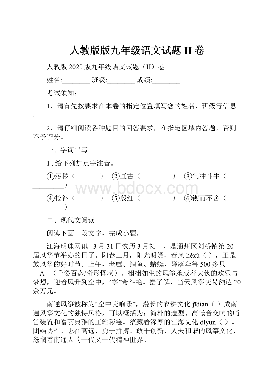 人教版版九年级语文试题II卷.docx