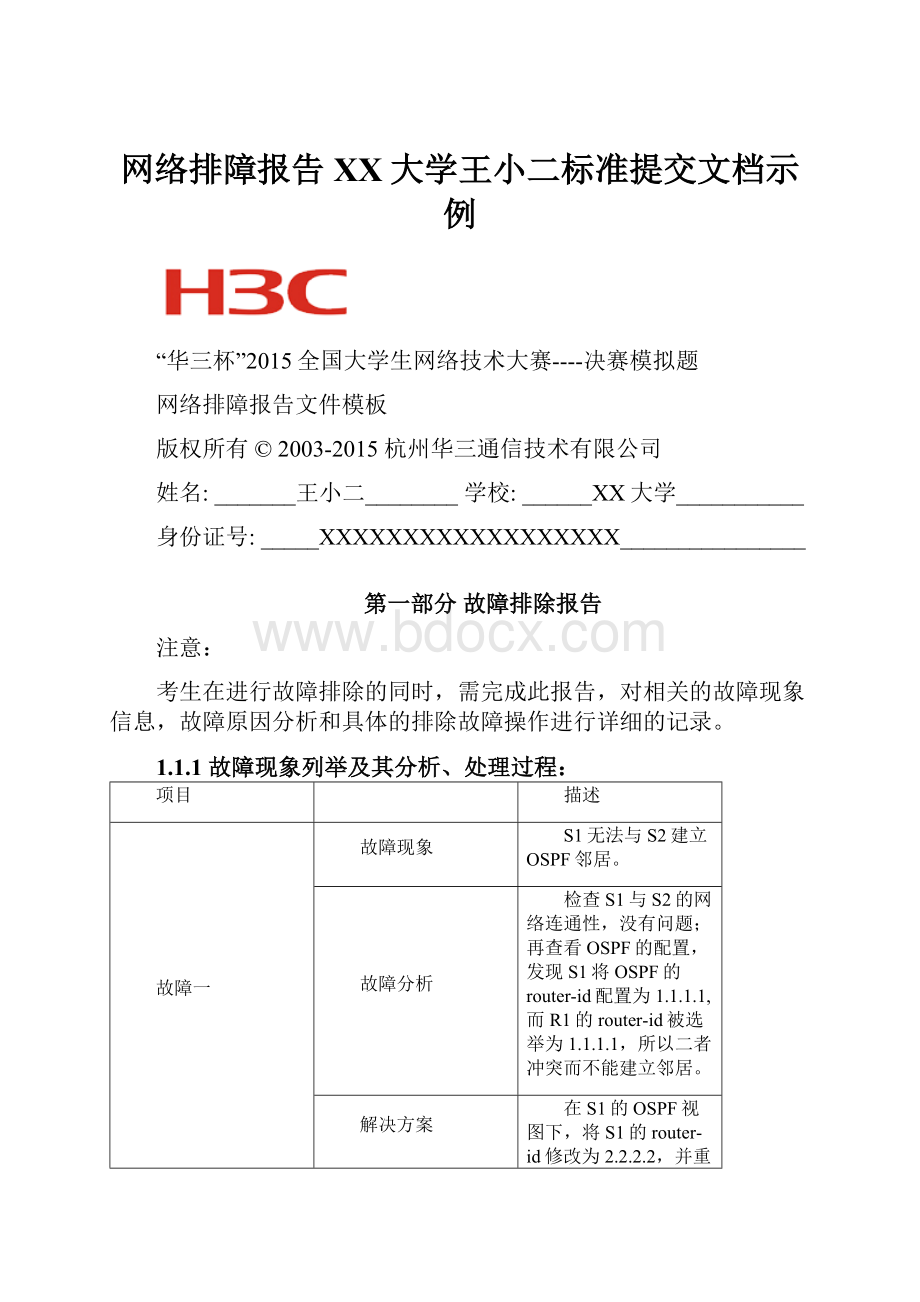 网络排障报告XX大学王小二标准提交文档示例.docx_第1页