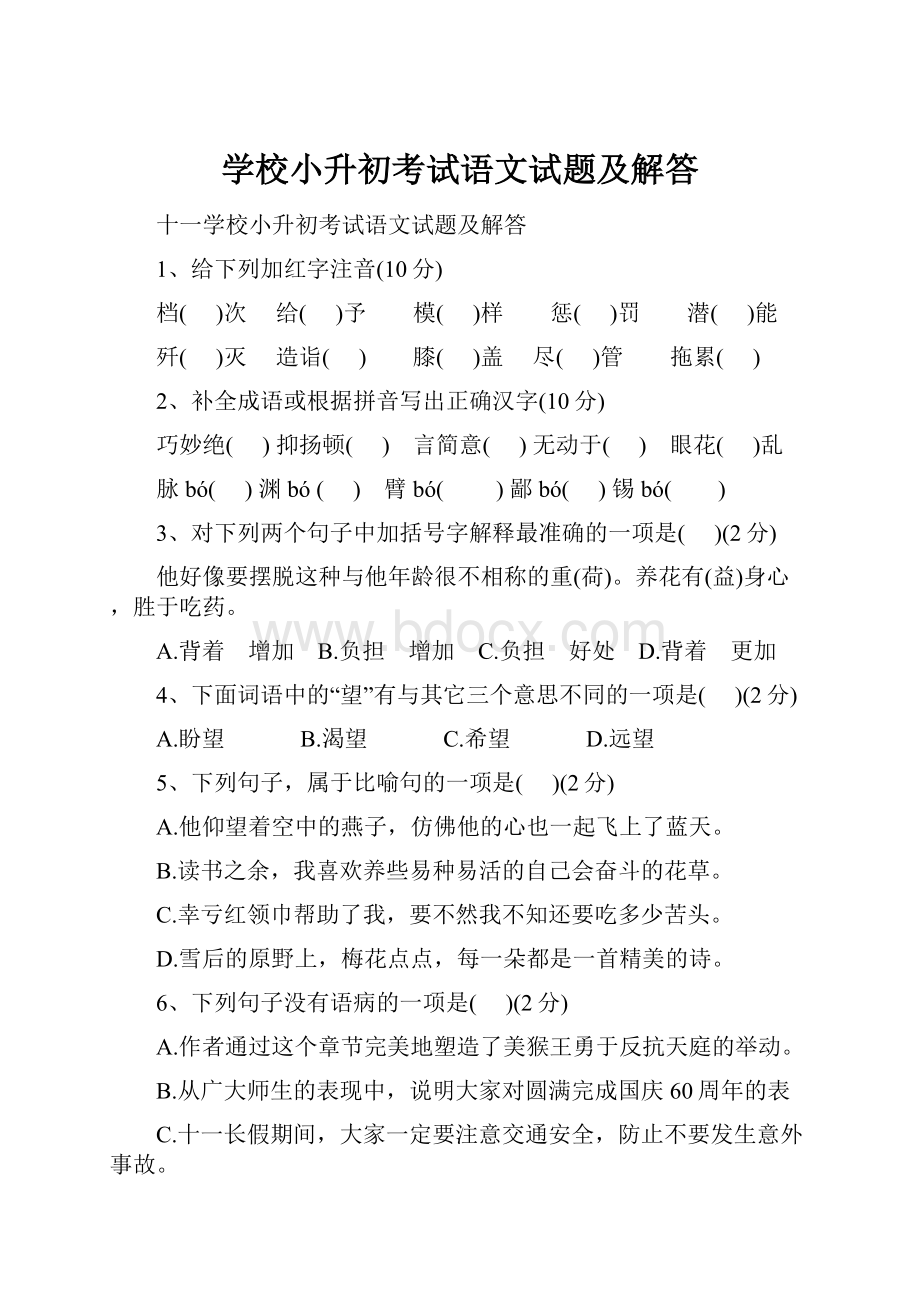 学校小升初考试语文试题及解答.docx