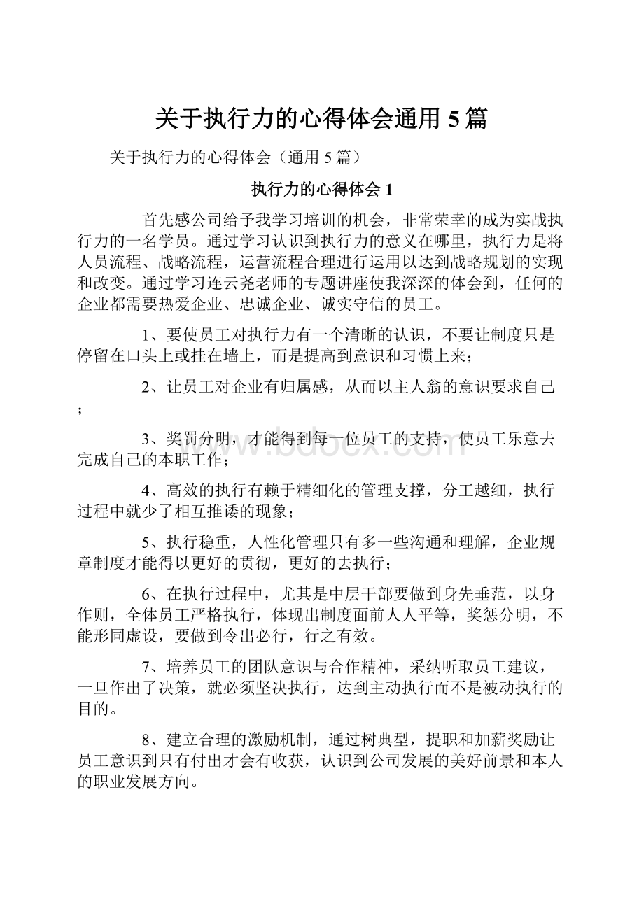 关于执行力的心得体会通用5篇.docx