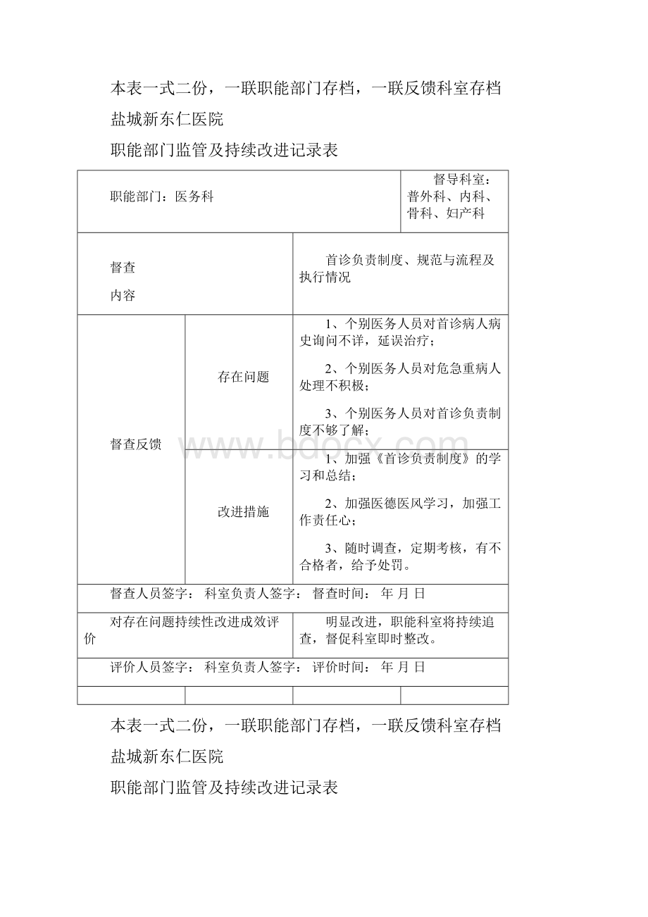 医院职能部门监管及持续改进记录表.docx_第2页