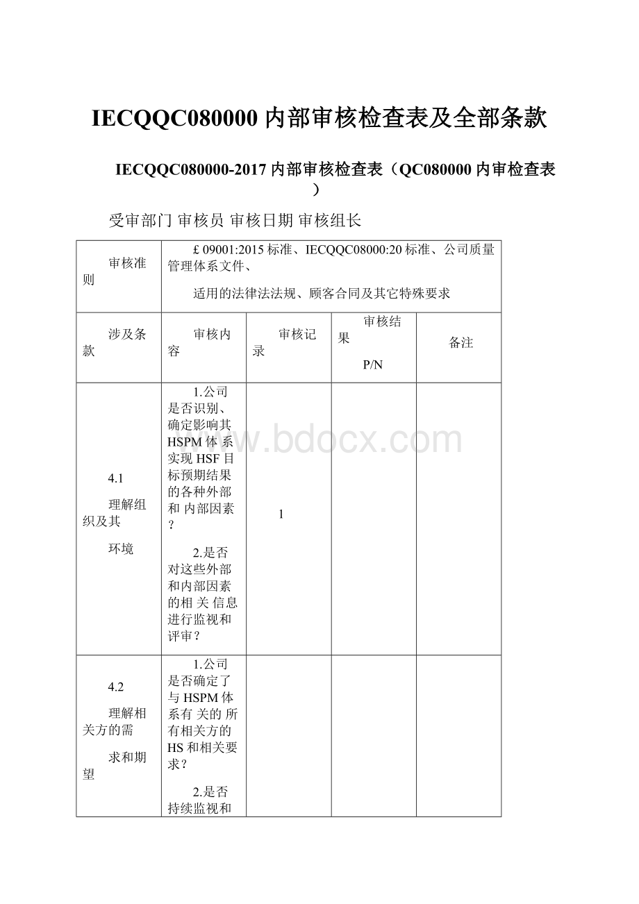 IECQQC080000内部审核检查表及全部条款.docx