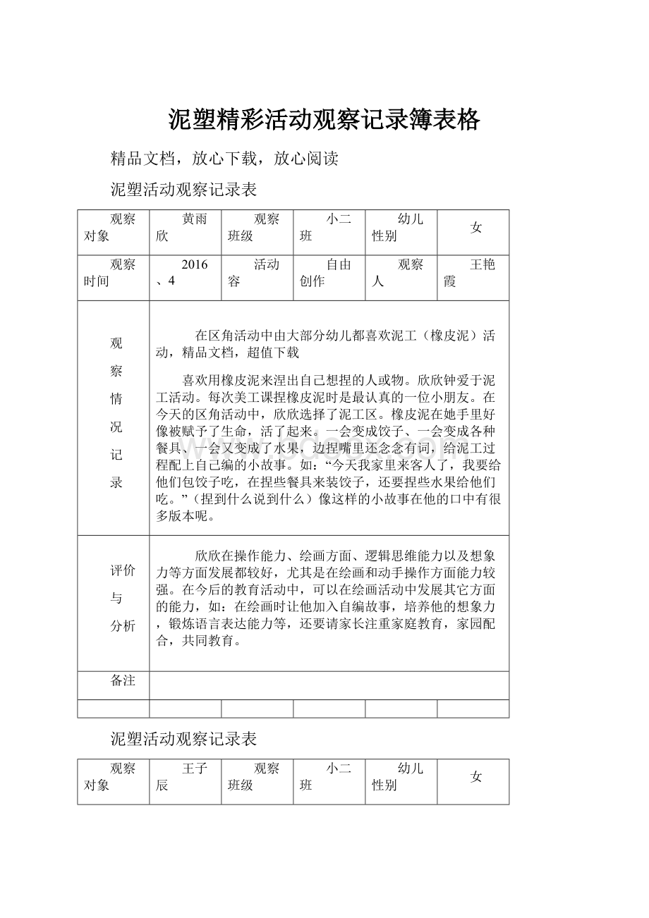 泥塑精彩活动观察记录簿表格.docx