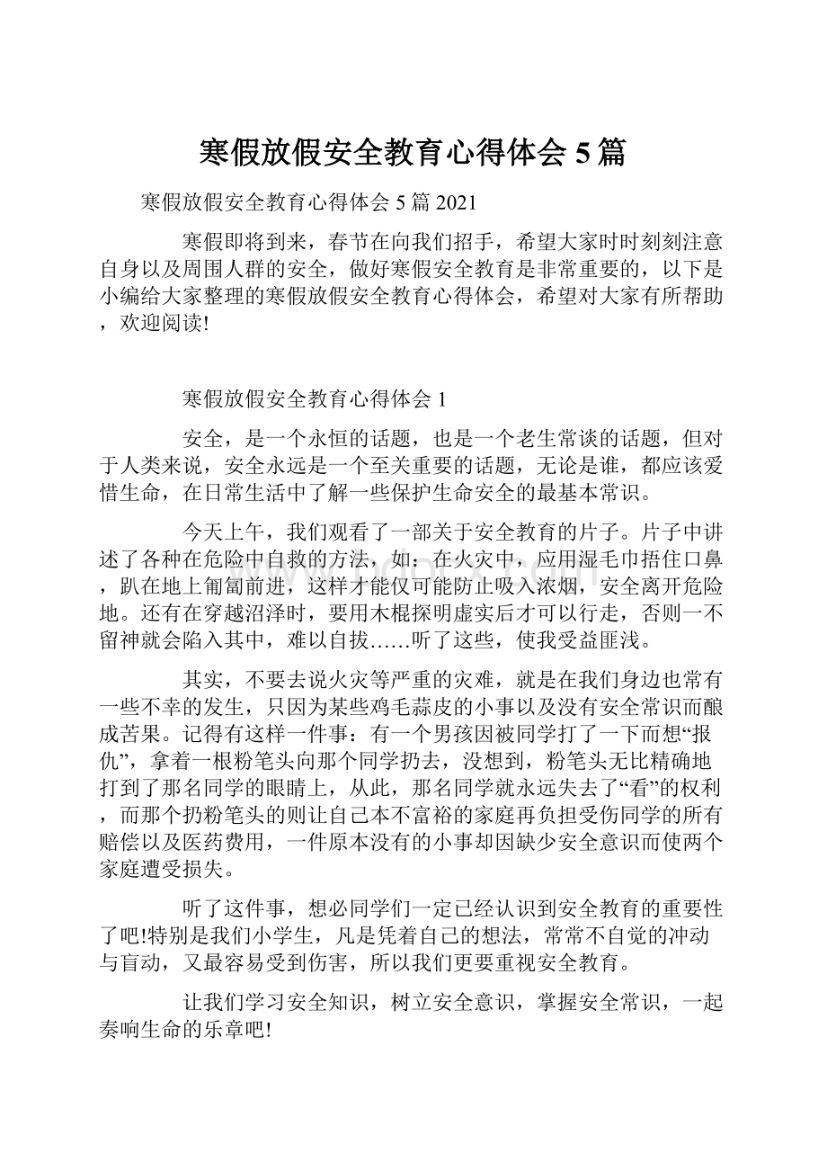 寒假放假安全教育心得体会5篇.docx