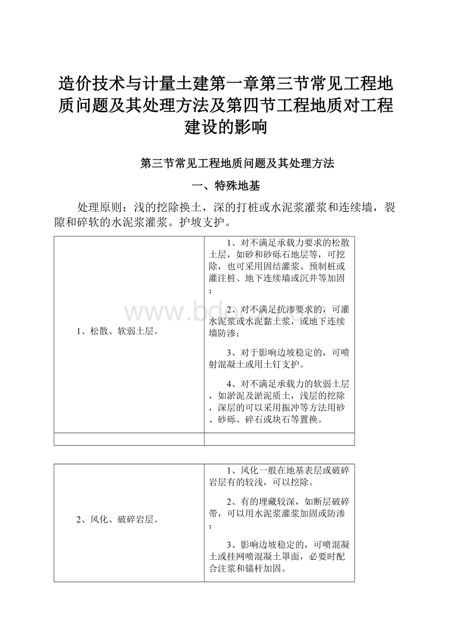 造价技术与计量土建第一章第三节常见工程地质问题及其处理方法及第四节工程地质对工程建设的影响.docx