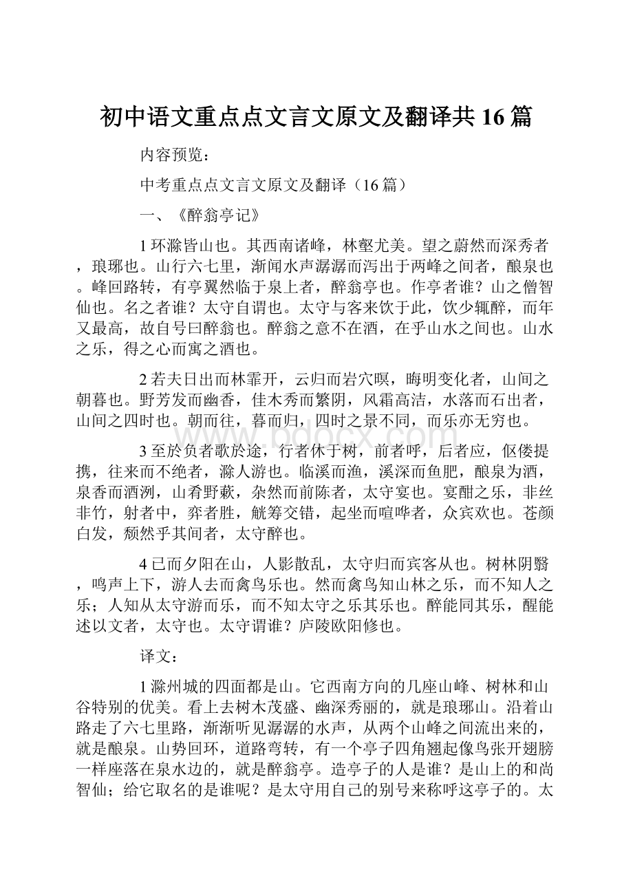 初中语文重点点文言文原文及翻译共16篇.docx