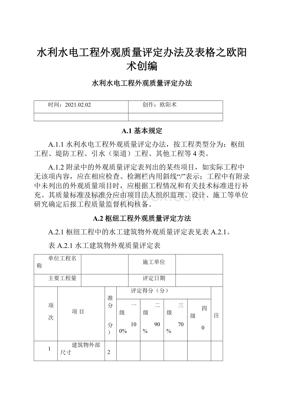 水利水电工程外观质量评定办法及表格之欧阳术创编.docx