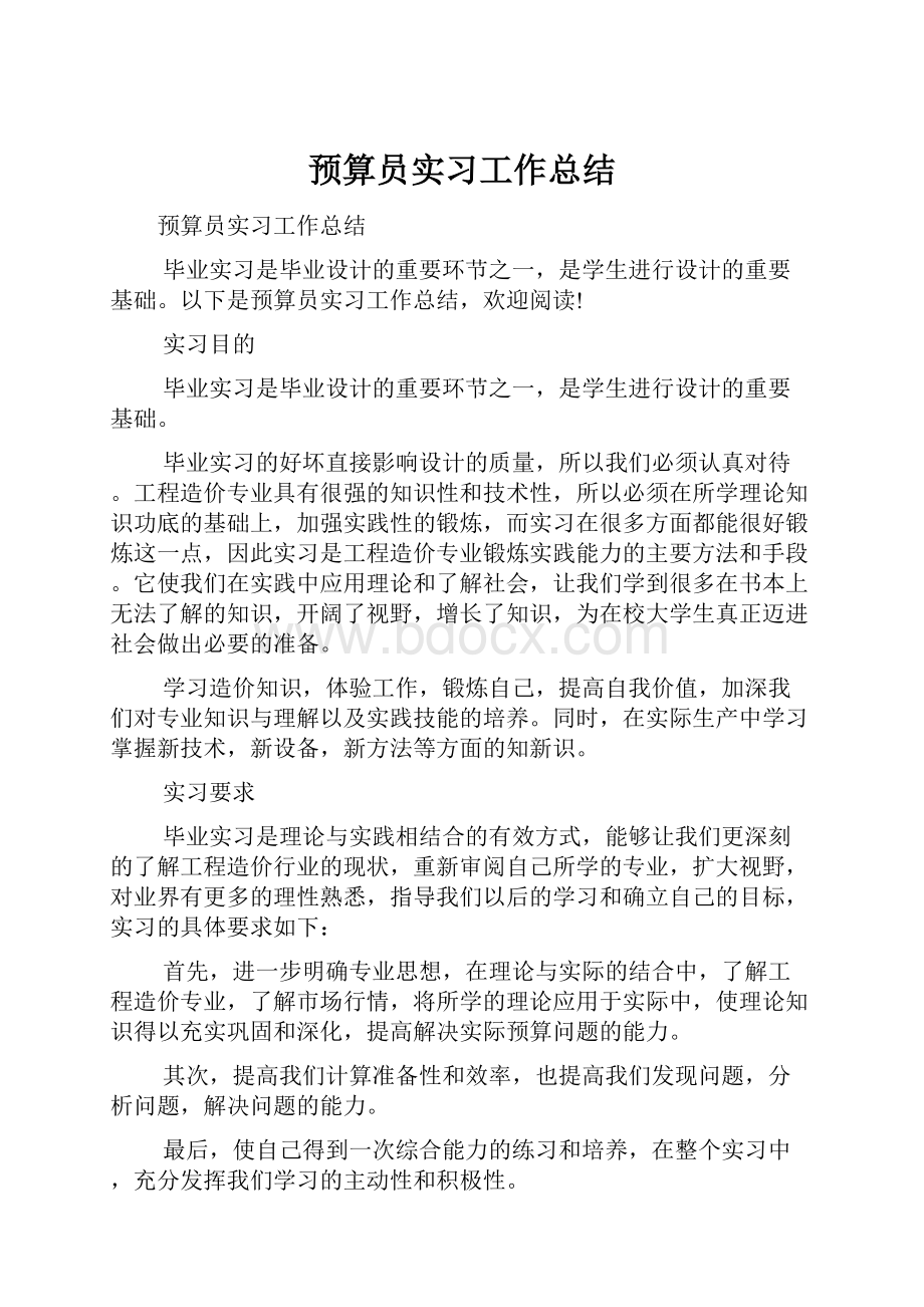 预算员实习工作总结.docx