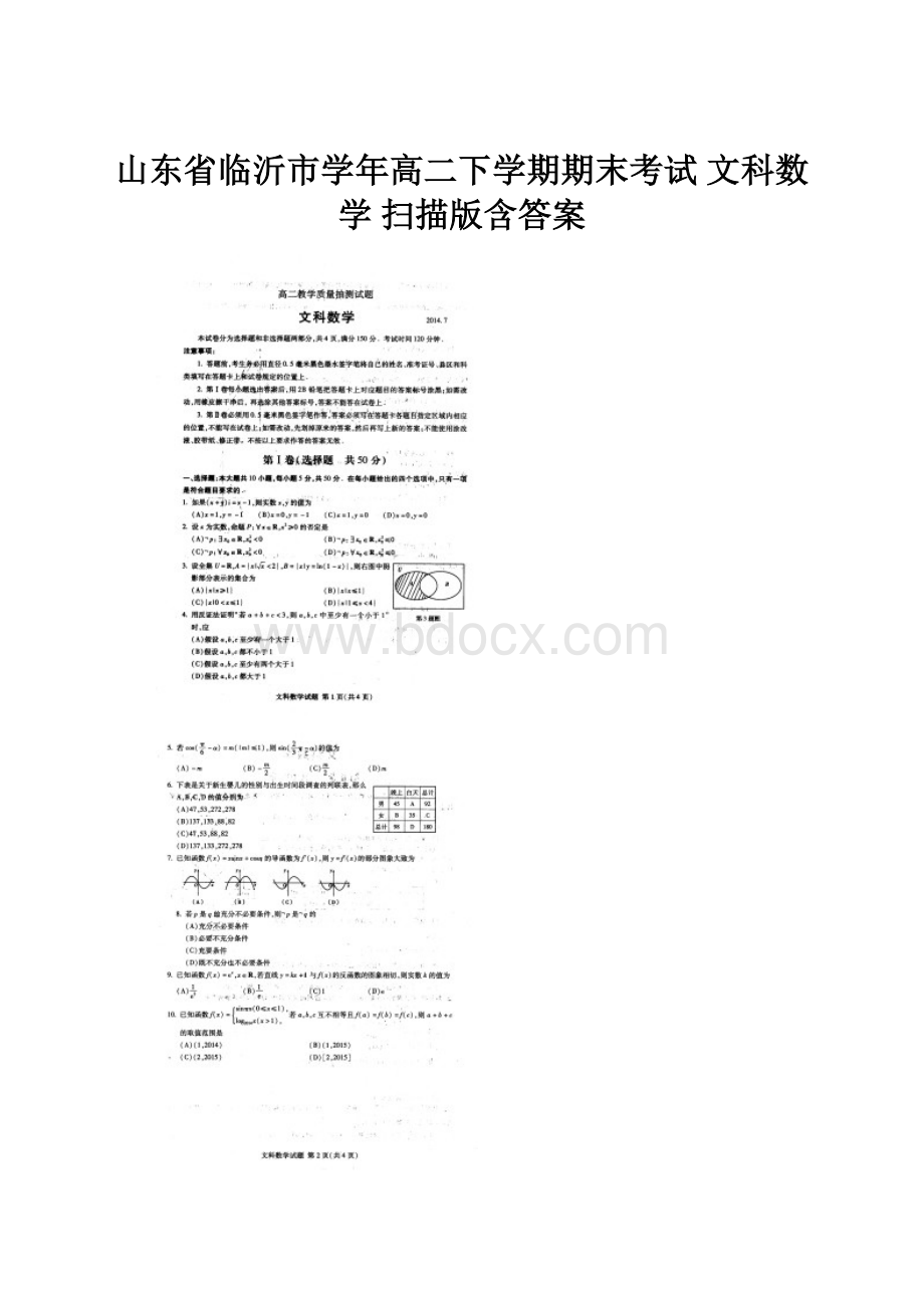 山东省临沂市学年高二下学期期末考试 文科数学 扫描版含答案.docx_第1页