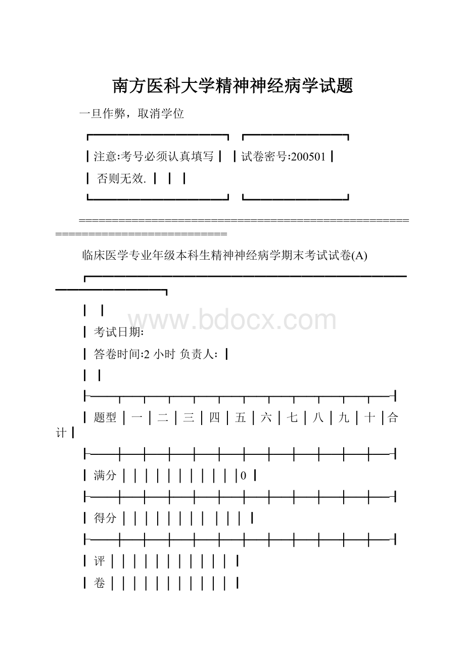 南方医科大学精神神经病学试题.docx