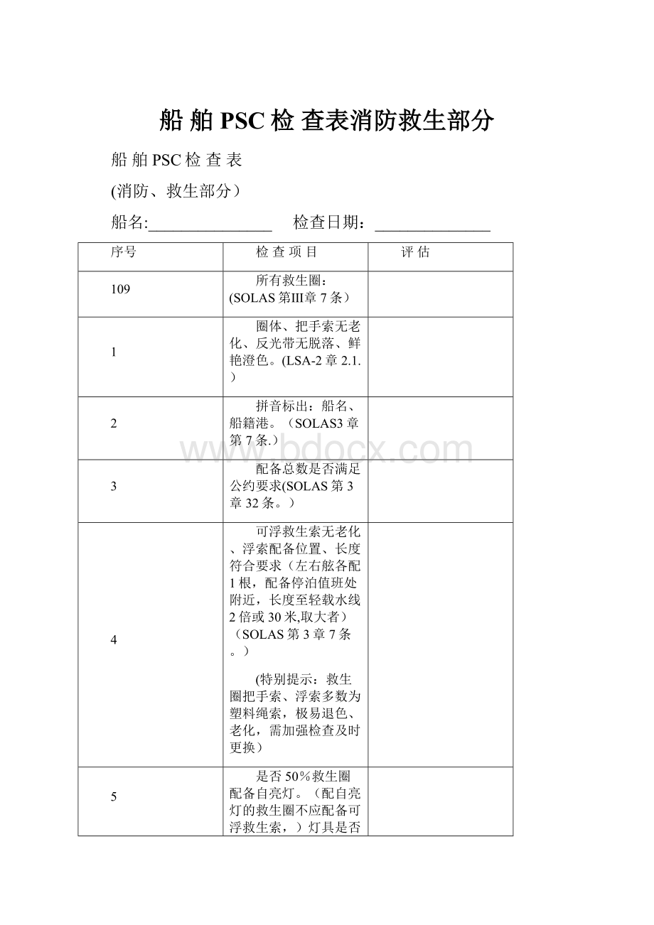 船 舶PSC检 查表消防救生部分.docx