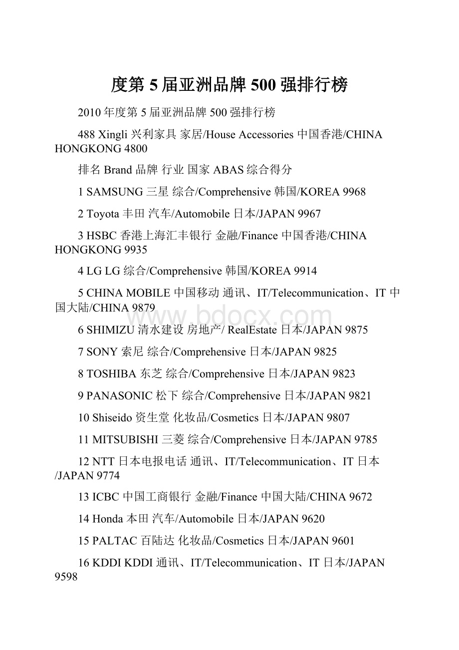 度第5届亚洲品牌500强排行榜.docx